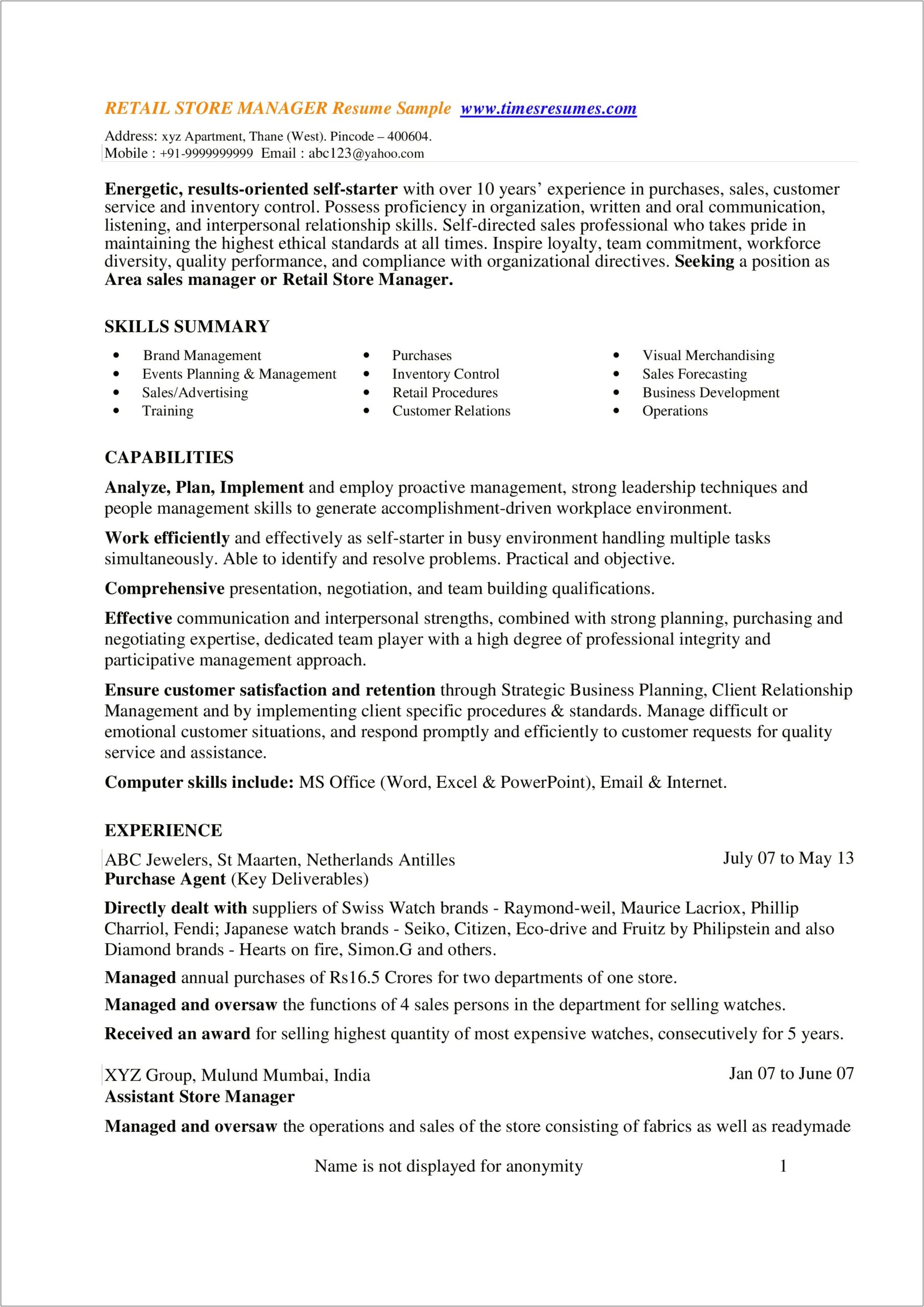 Retail Management Experience Sample Resume