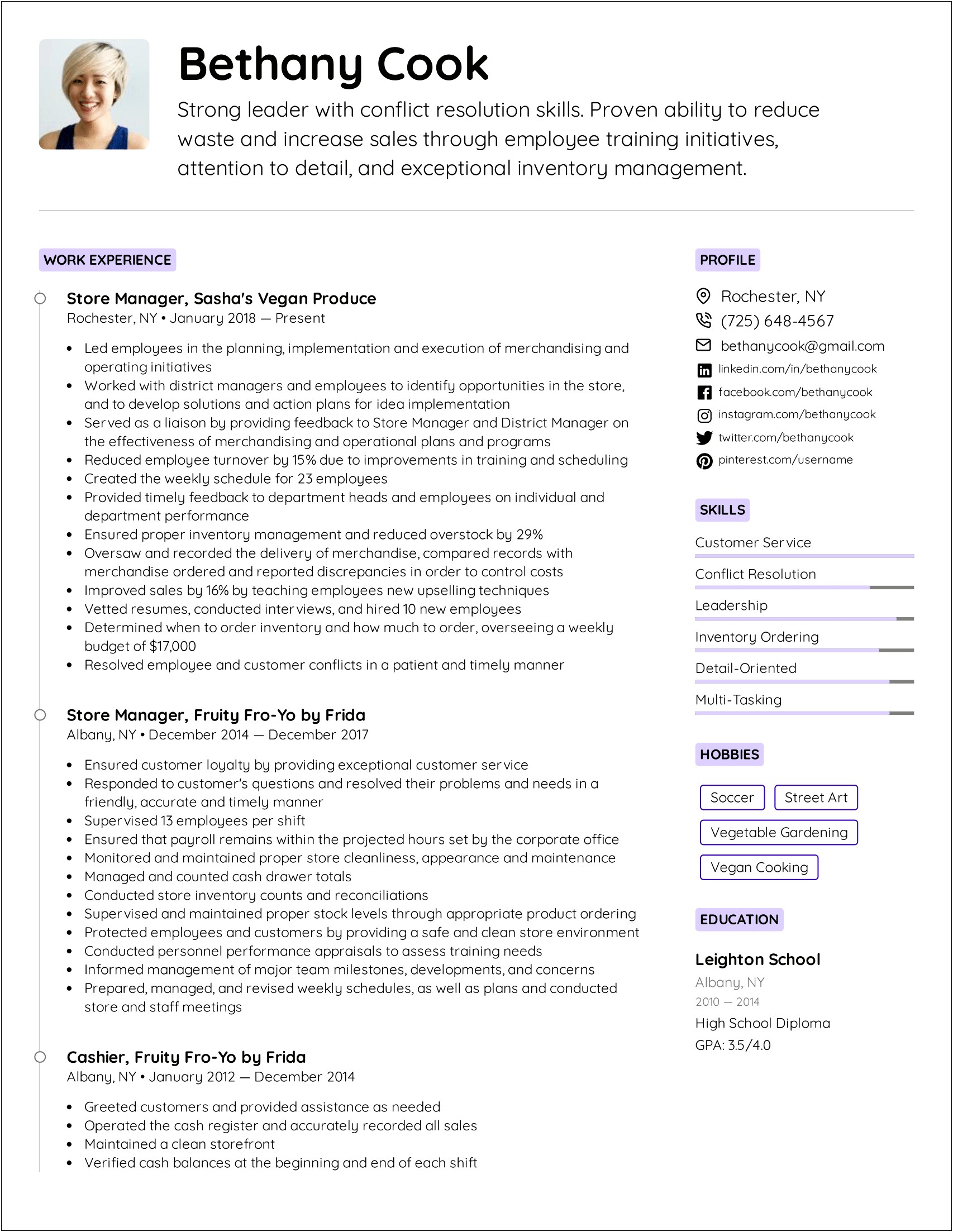Retail Management With Promotions On Resume