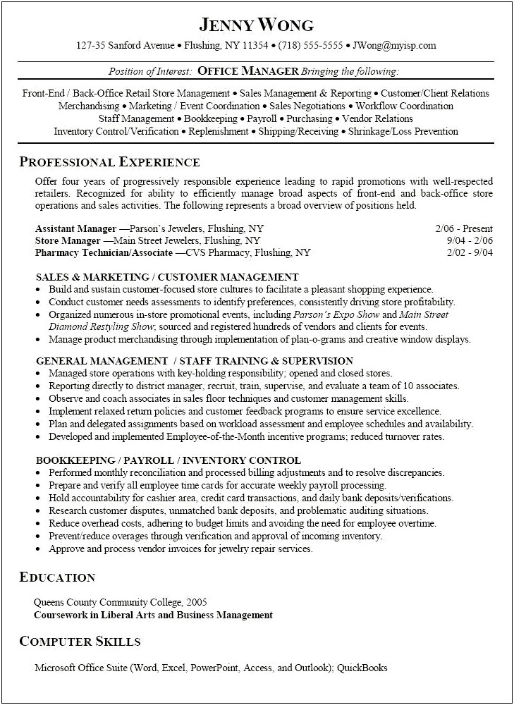 Retail Manager Job Description Resume