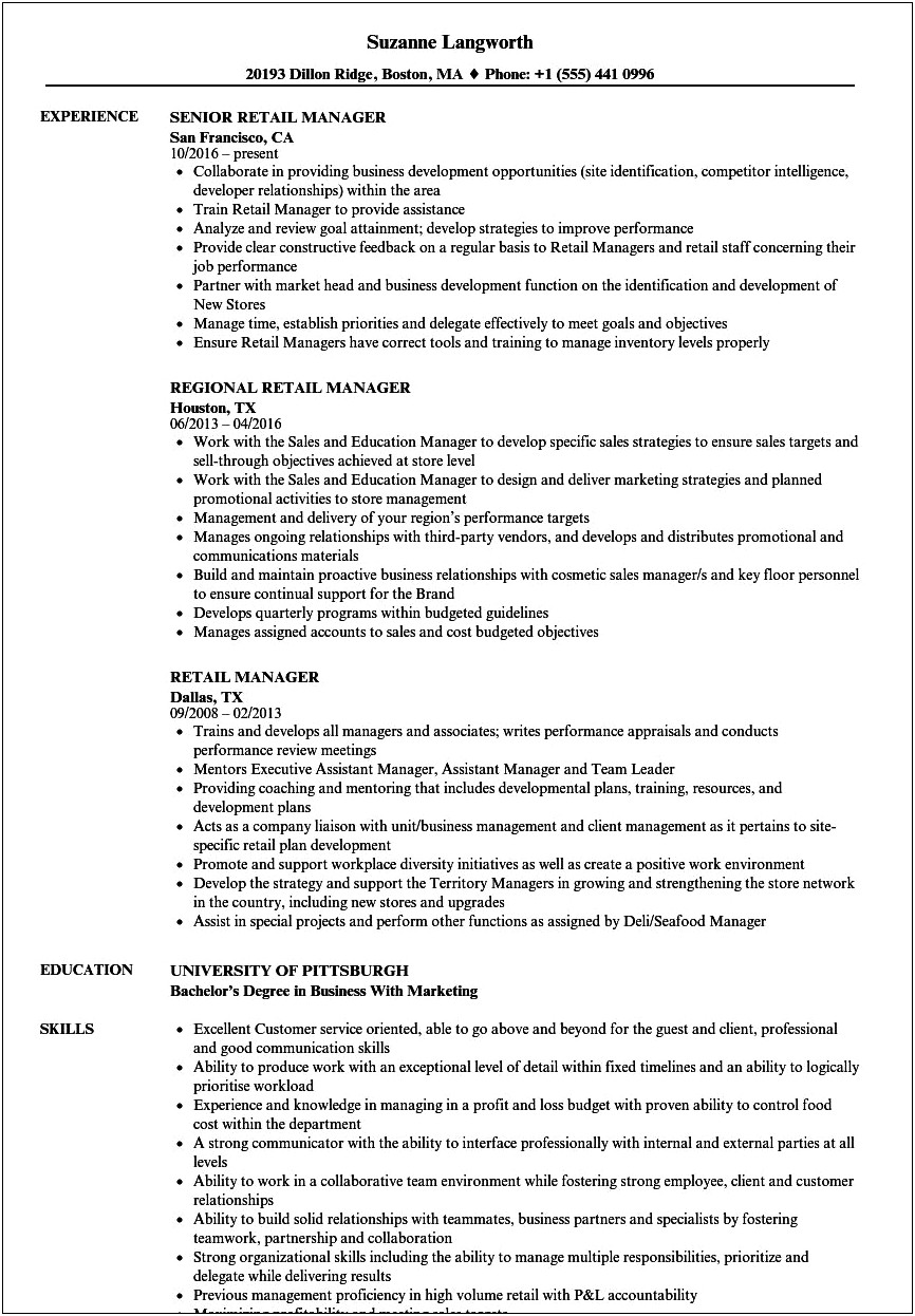 Retail Manager Job Duties For Resume