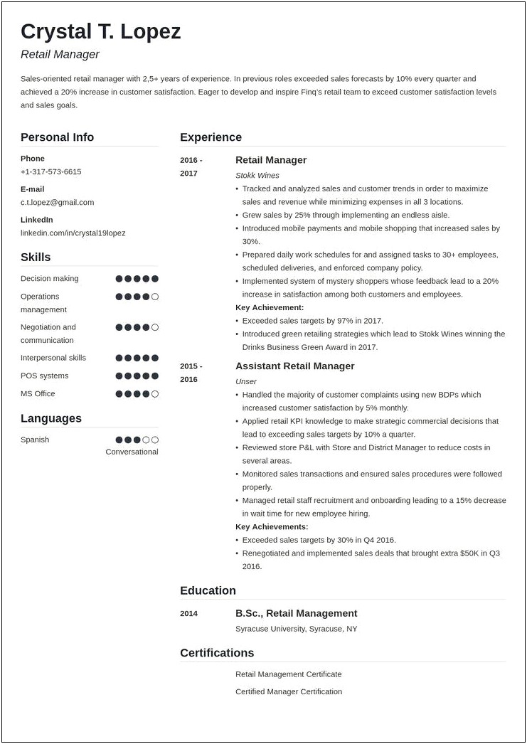 Retail Manager Resume Examples 2017