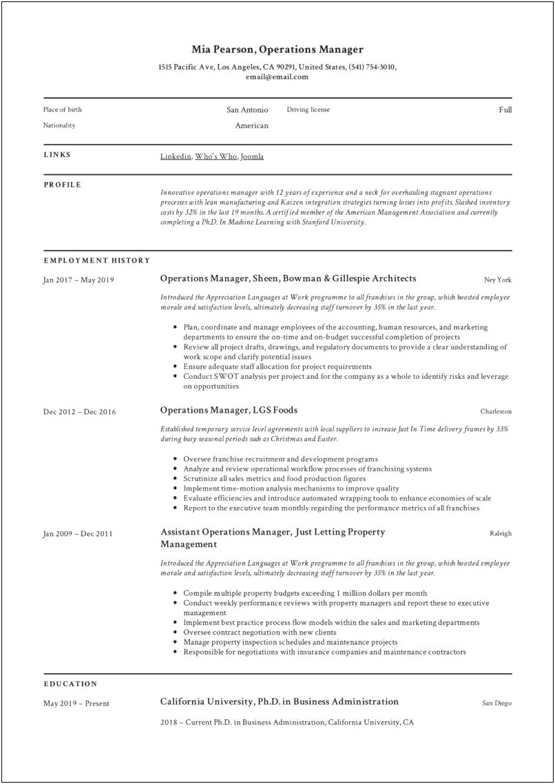 Retail Operation Manager Job Resume
