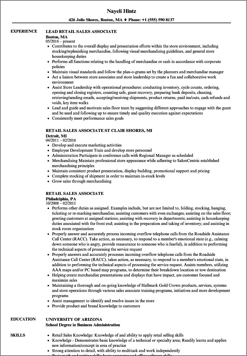 Retail Resume Skills And Abilities