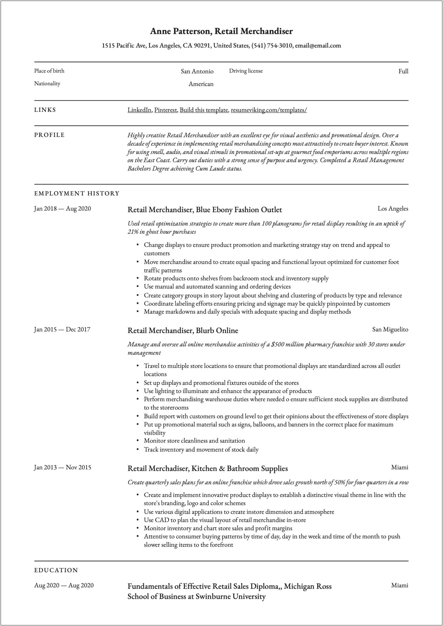 Retail Sales Merchandiser Job Description For Resume