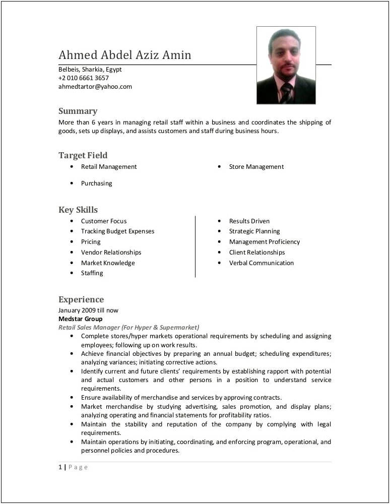 Retail Store Manager Experience Resume