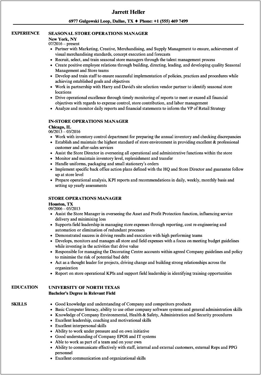 Retail Store Operations Manager Resume