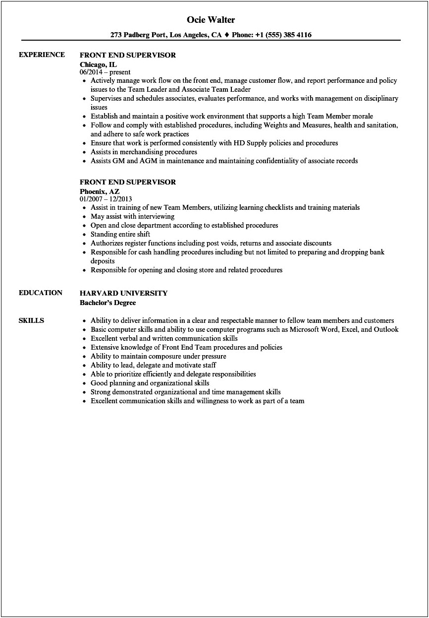 Retail Supervisor Job Description Resume