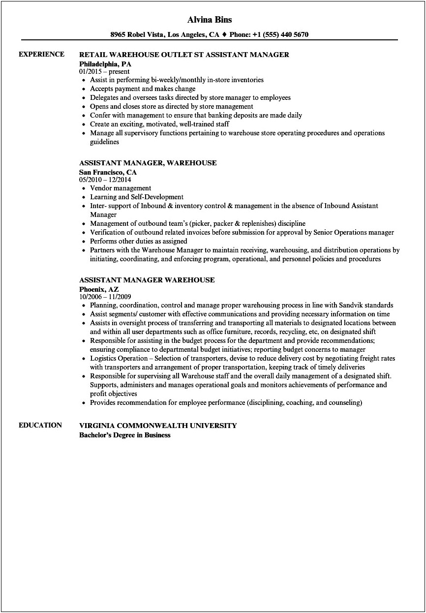 Retail Warehouse Supervisor Job Description For Resume