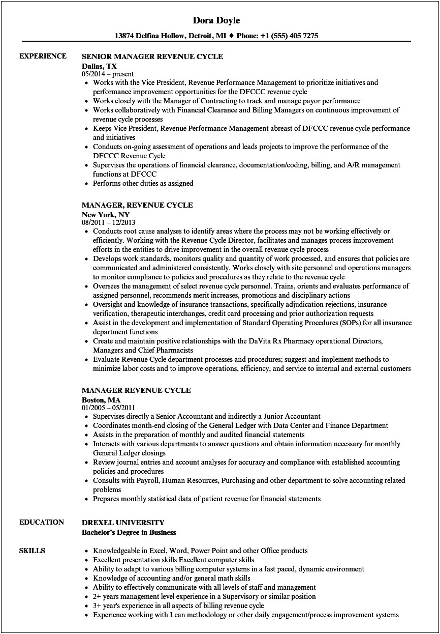 Revenue Cycle Manager Resume Skills