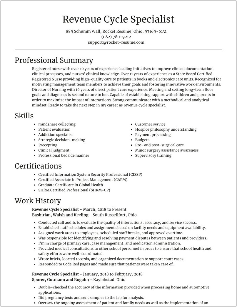 Revenue Cycle Specialist Resume Examples