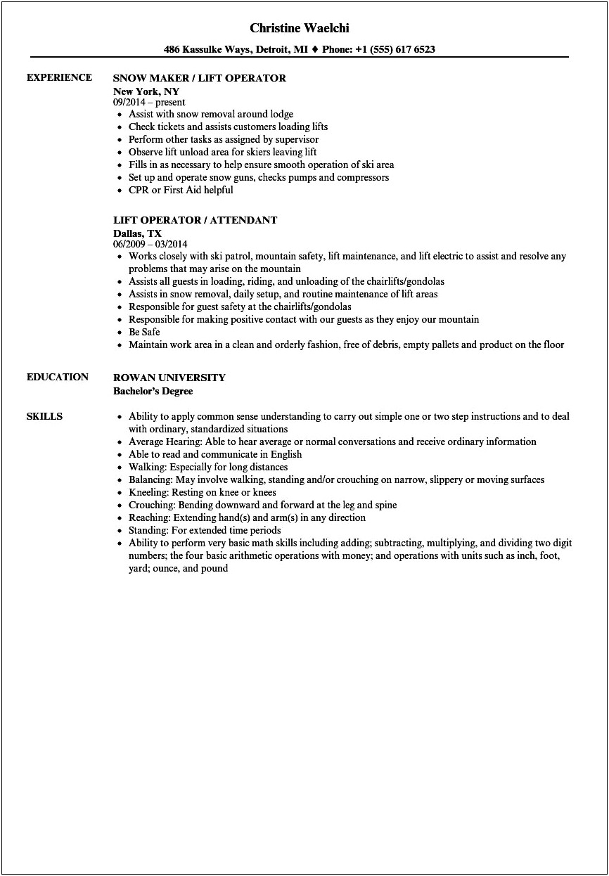 Ride Operator Job Description Resume