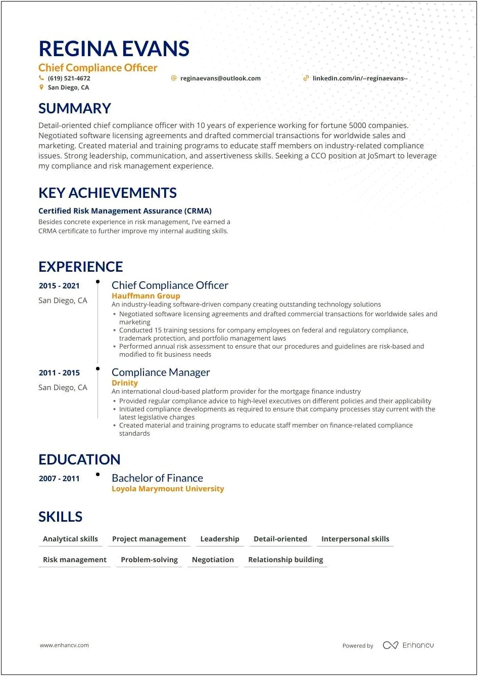 Risk And Compliance Resume Sample
