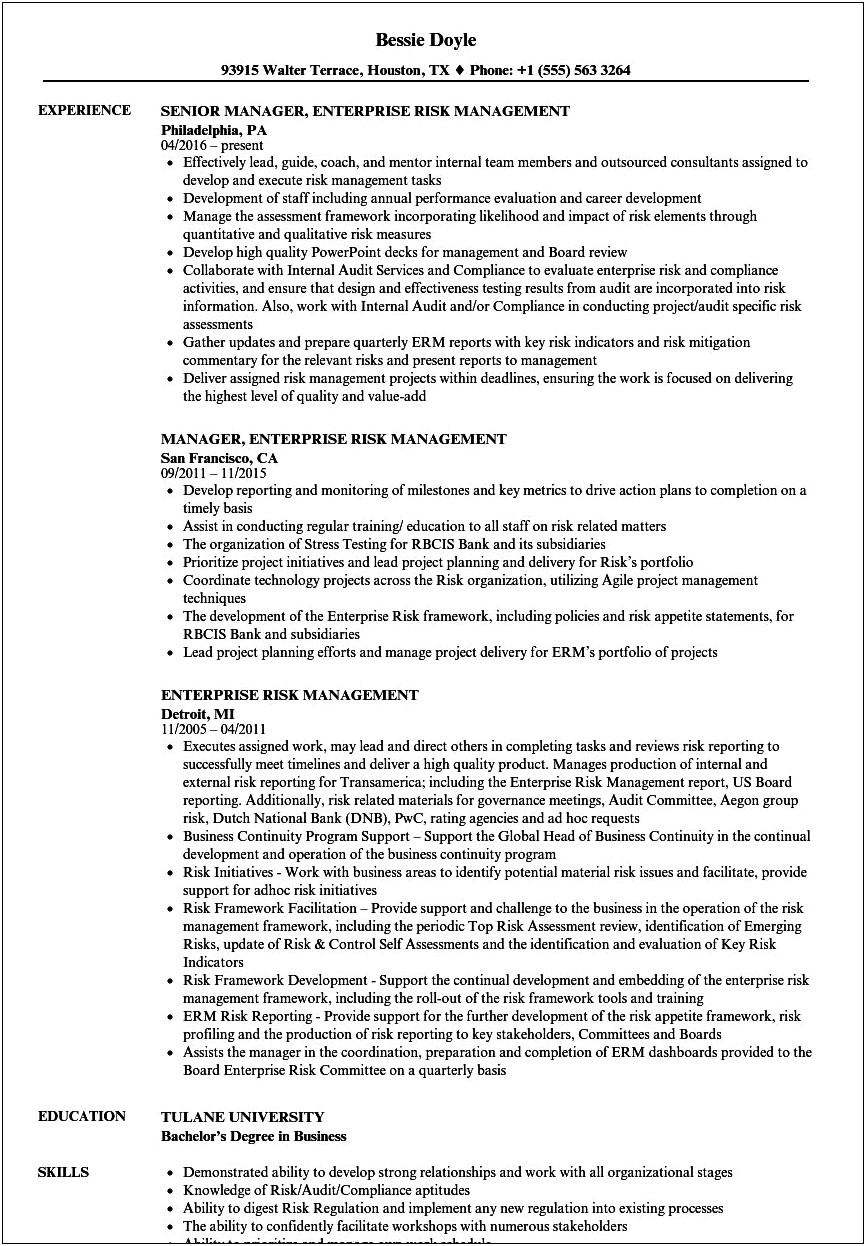 Risk Management Bsa Qualification Example Resume