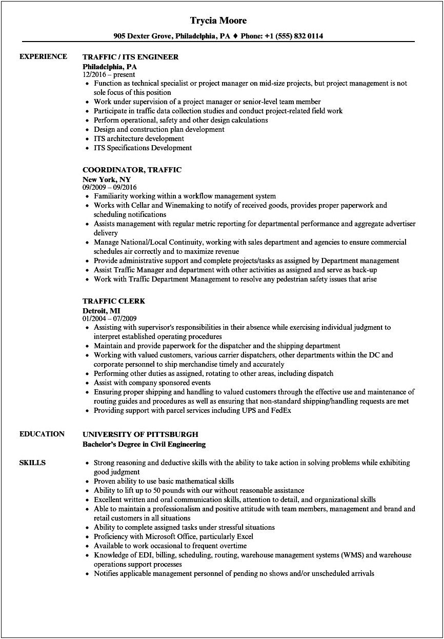 Road Traffic Controller Resume Examples