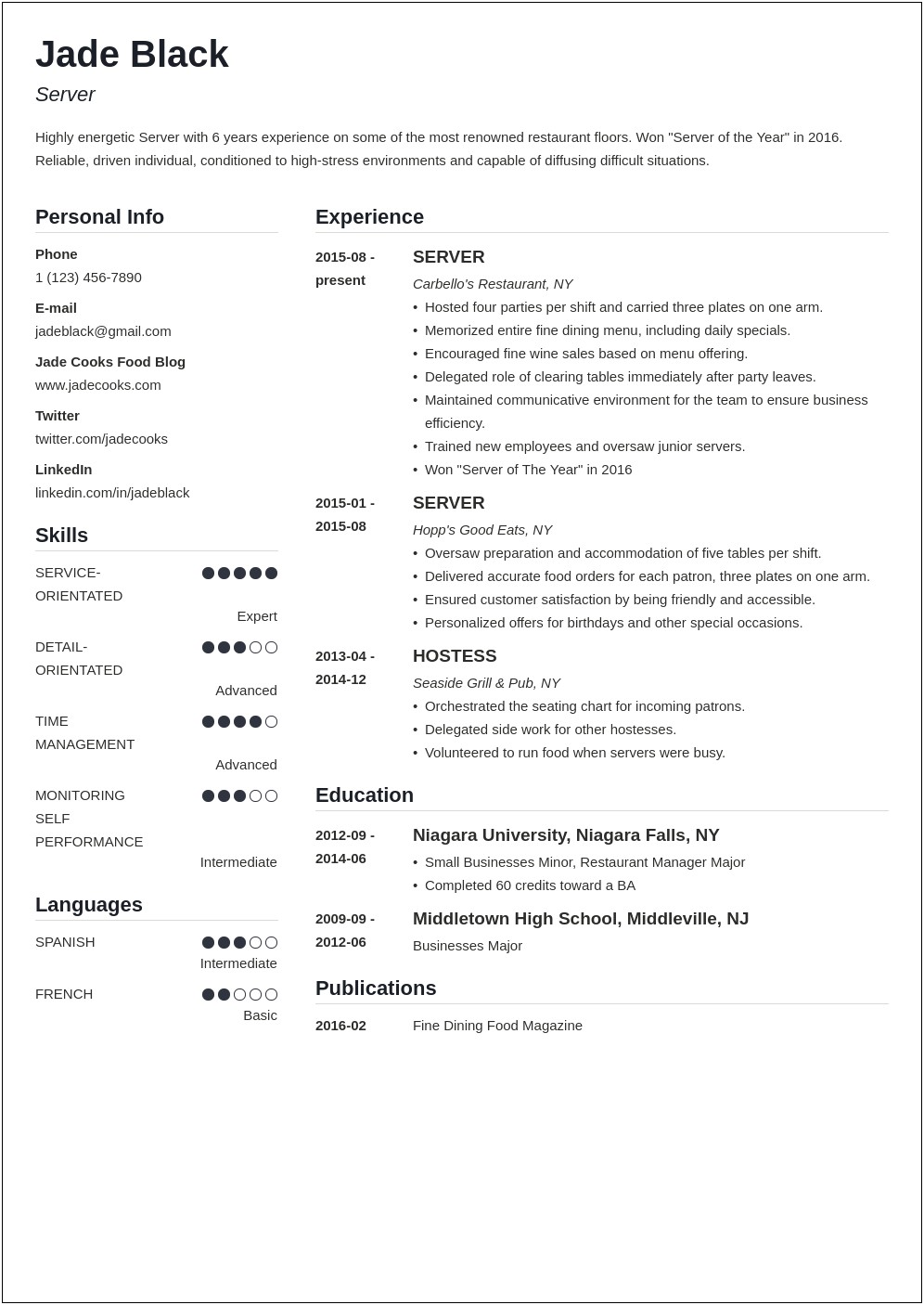 Role Description For Resume Of A Server