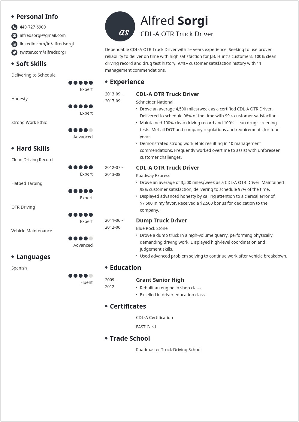 Roofing Supply Company Driver Resume Sample
