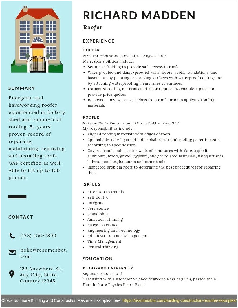 Roofing Technician Job Description Resume