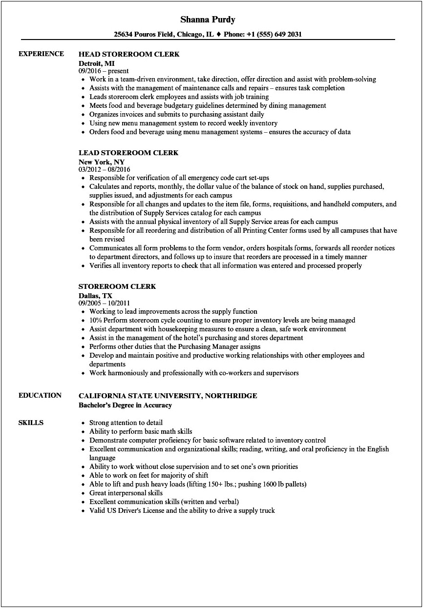 Room Service Job Description Resume