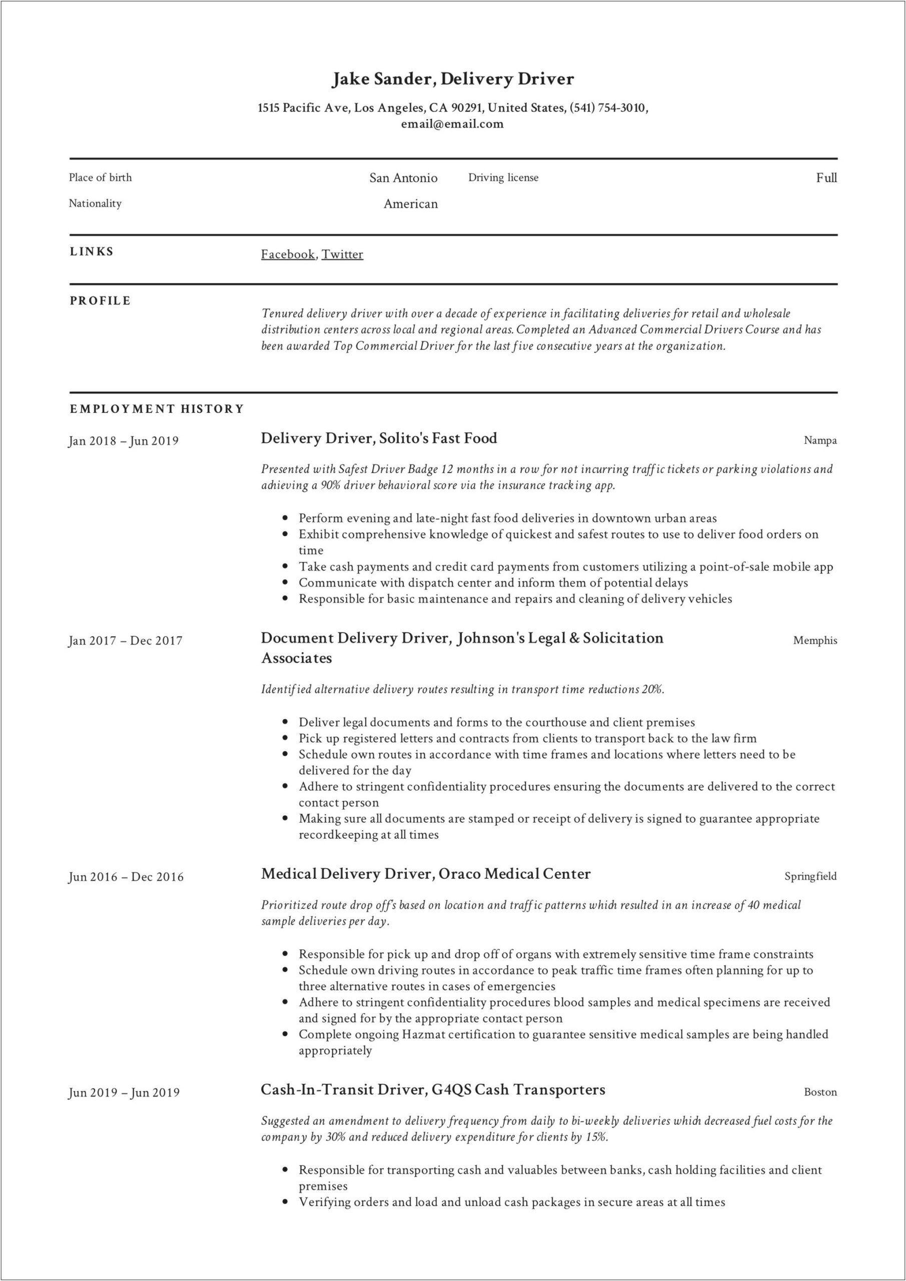 Route Delivery Driver Resume Sample Pdf
