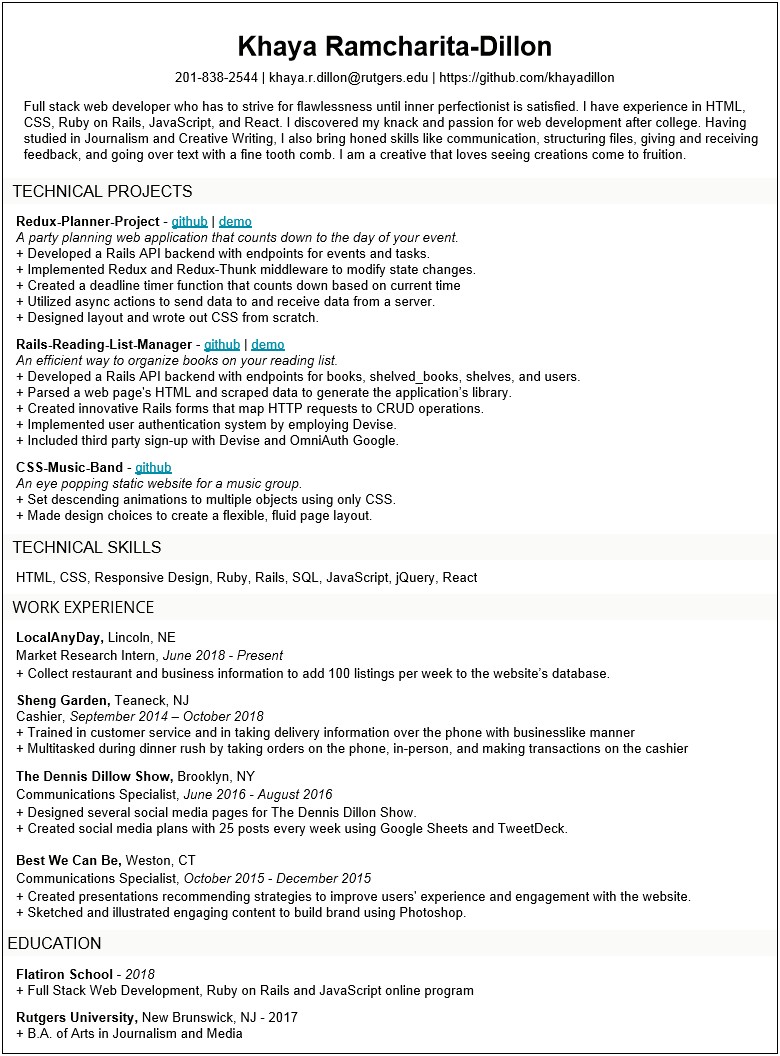 Ruby On Rails 1 Year Experience Resume