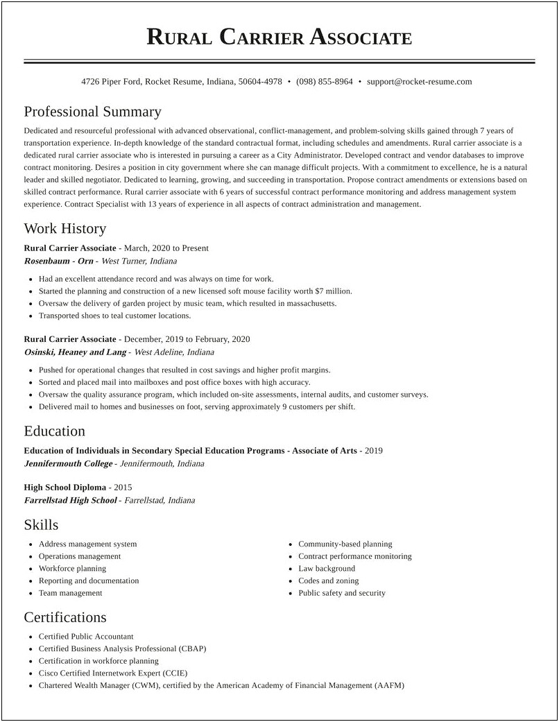 Rural Carrier Associate Job Description Resume