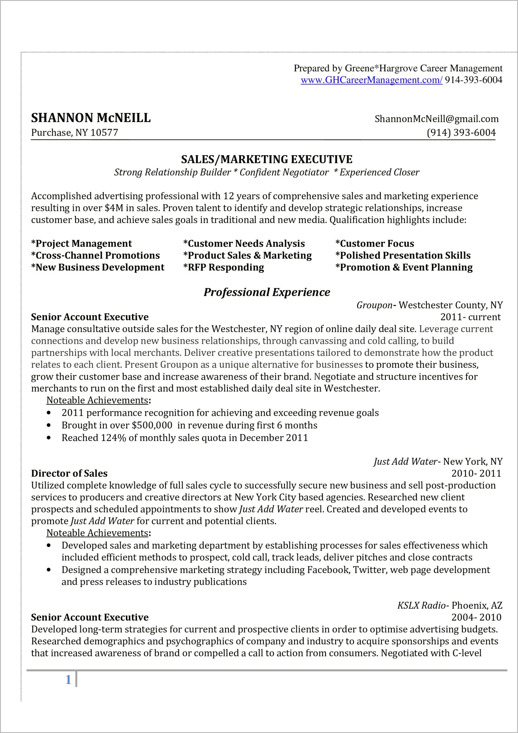 Saes And Marketing Resume Sample