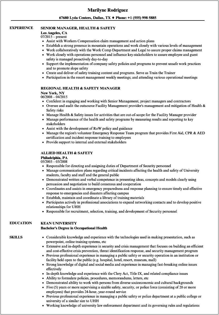 Safety And Occupational Health Specialist Sample Resume