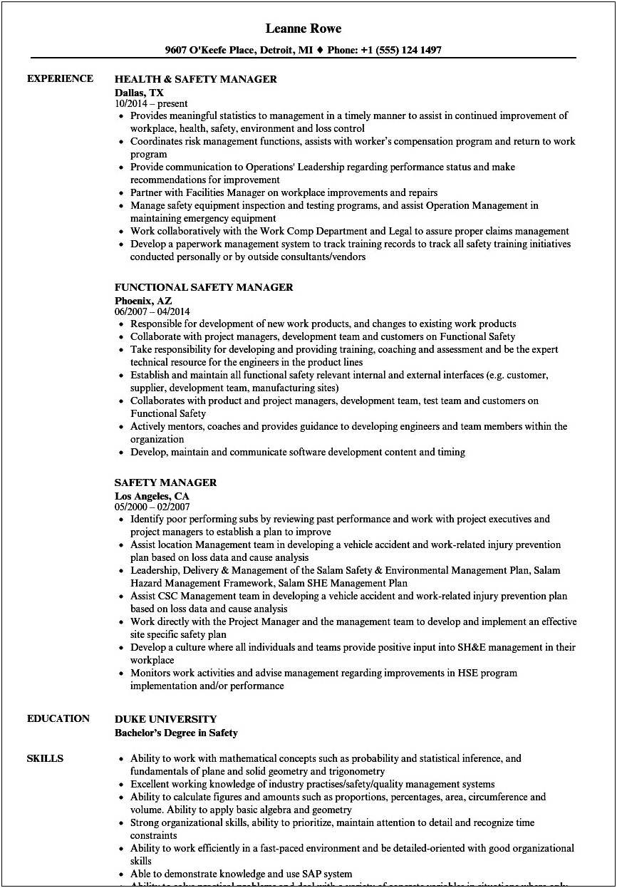 Safety Coordinator Resume Skills And Expertise