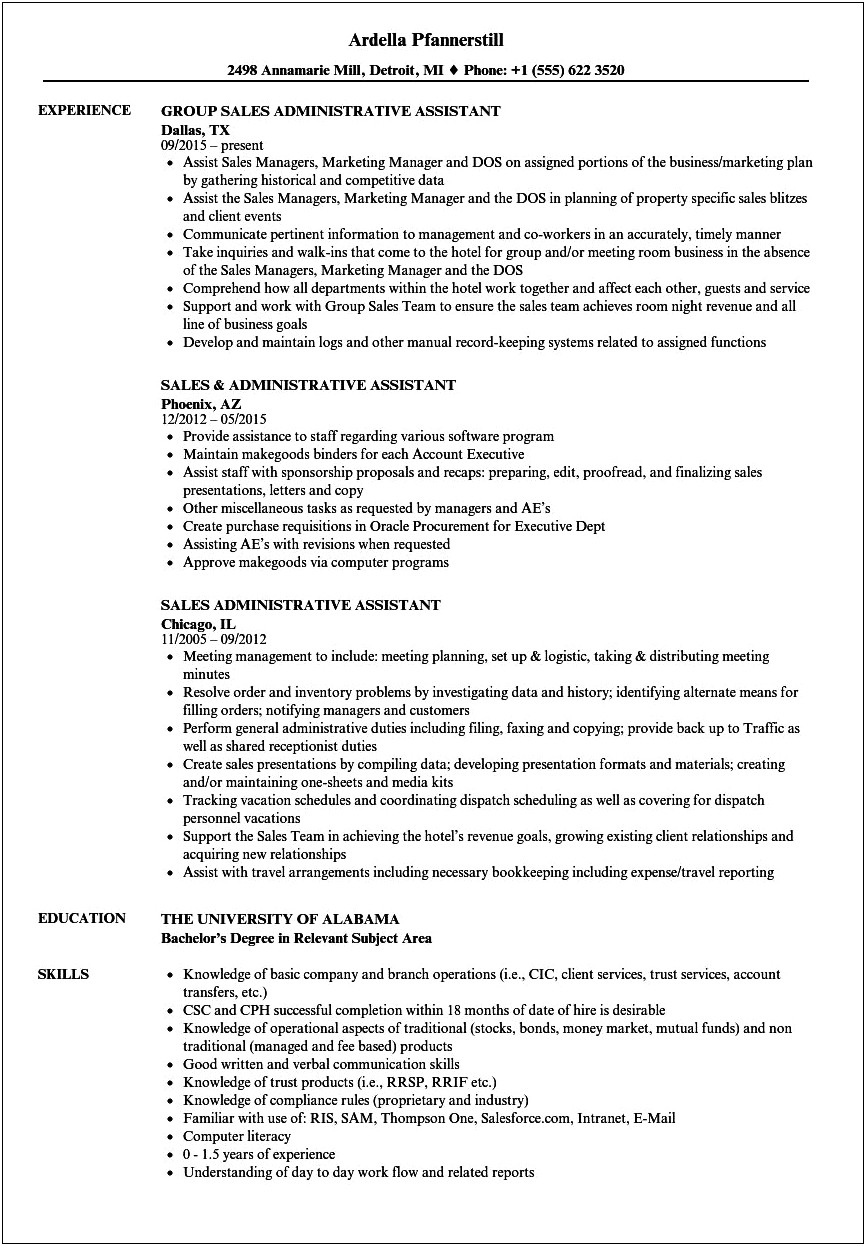 Sales Administrative Assistant Resume Objective