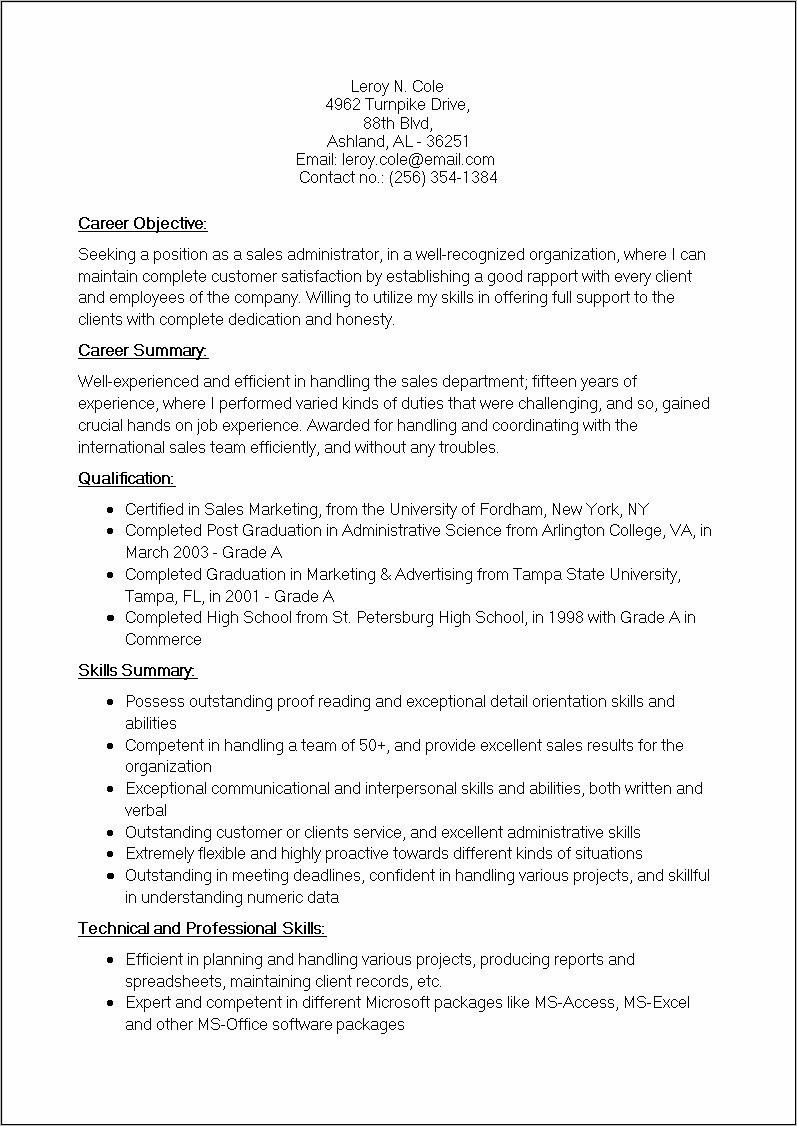 Sales Administrative Support Resume Sample