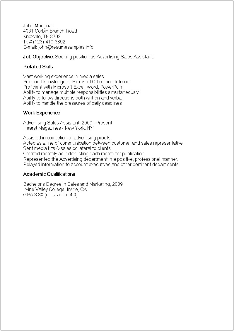 Sales And Marketing Assistant Job Description For Resume