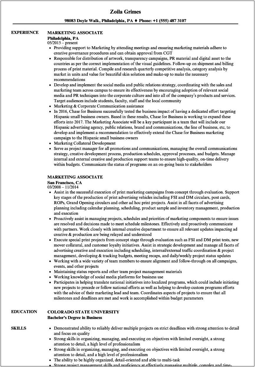Sales And Marketing Associate Resume Objective
