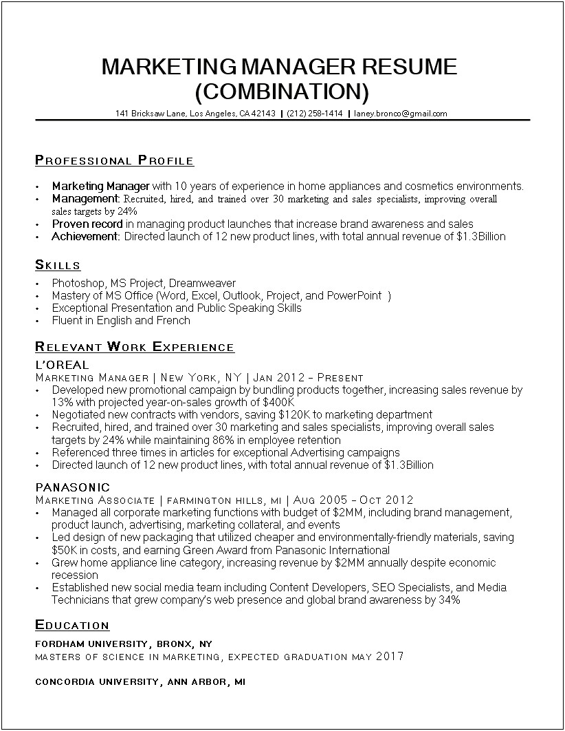 Sales And Marketing Resume Sample Download