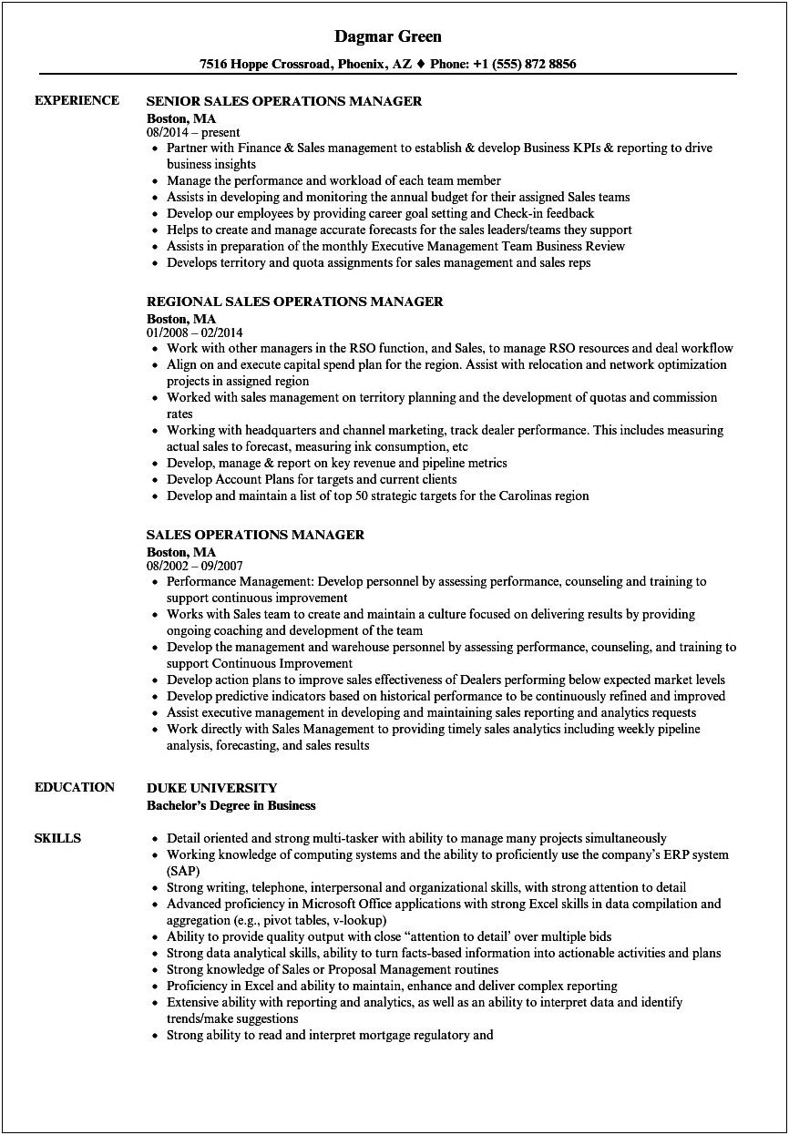Sales And Operations Manager Resume Objective Statement