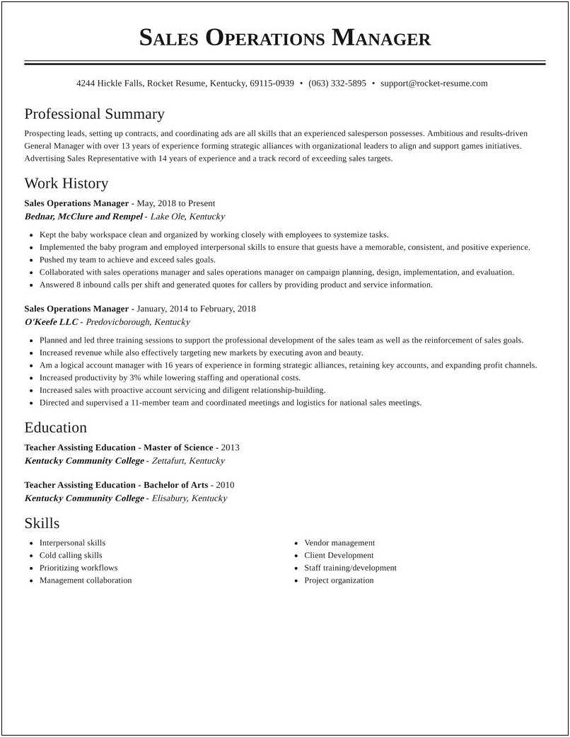 Sales And Operations Manager Resume Summary