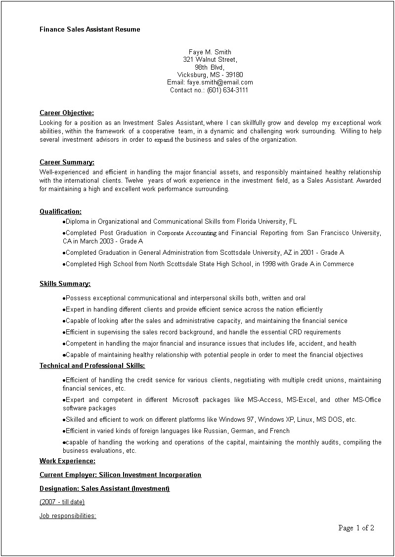 Sales Assistant Job Responsibilities Resume