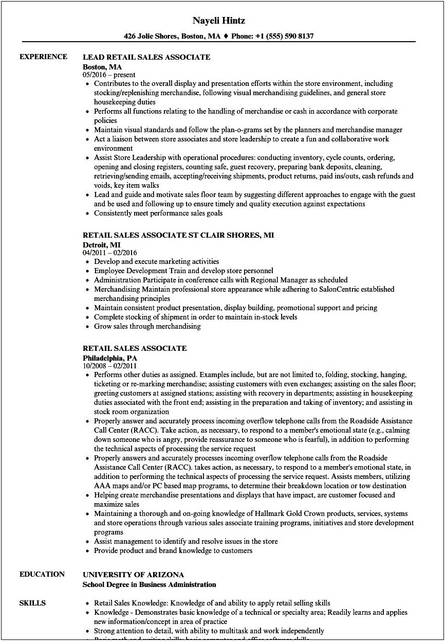 Sales Associate Job Description Resume