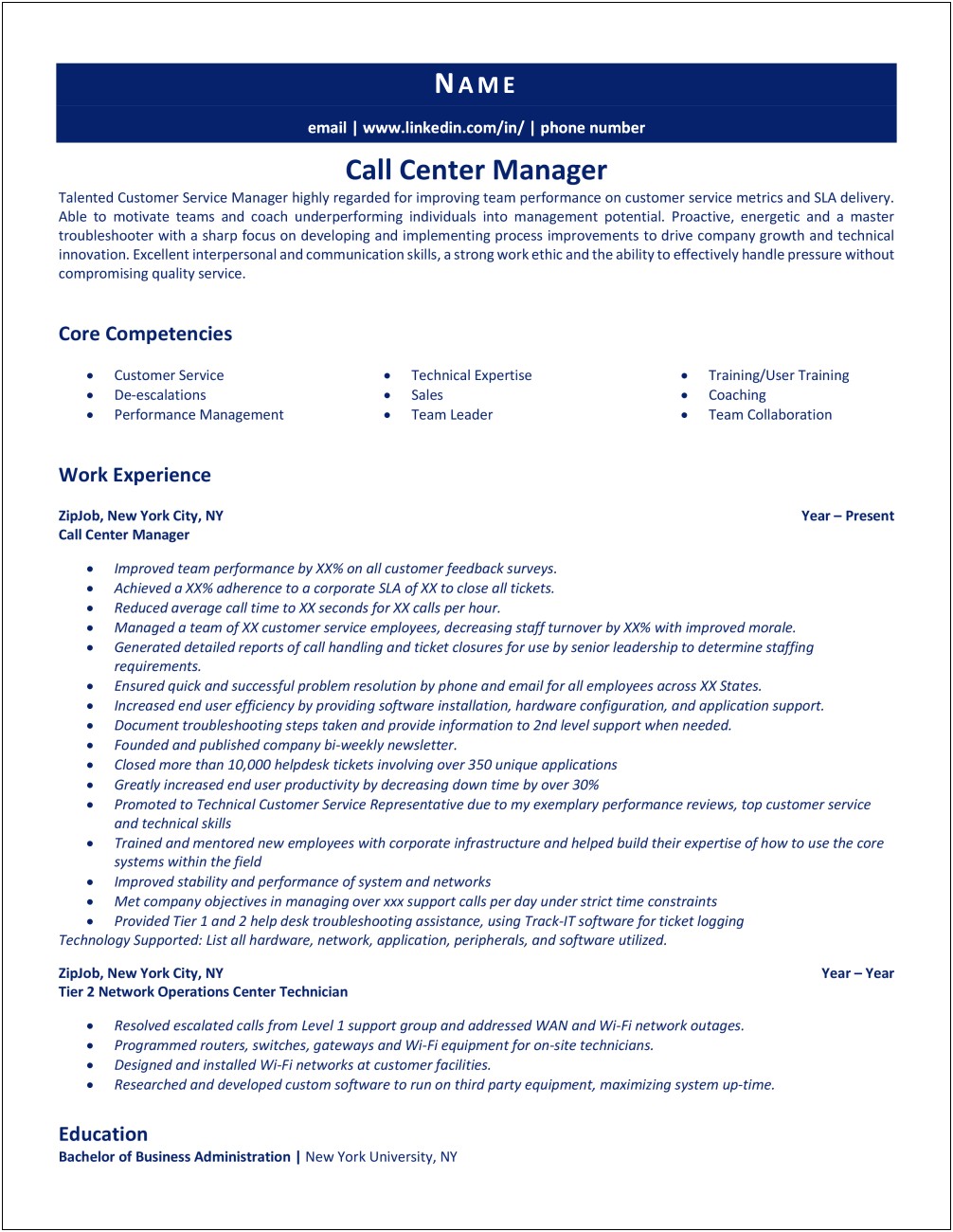 Sales Call Center Manager Resume