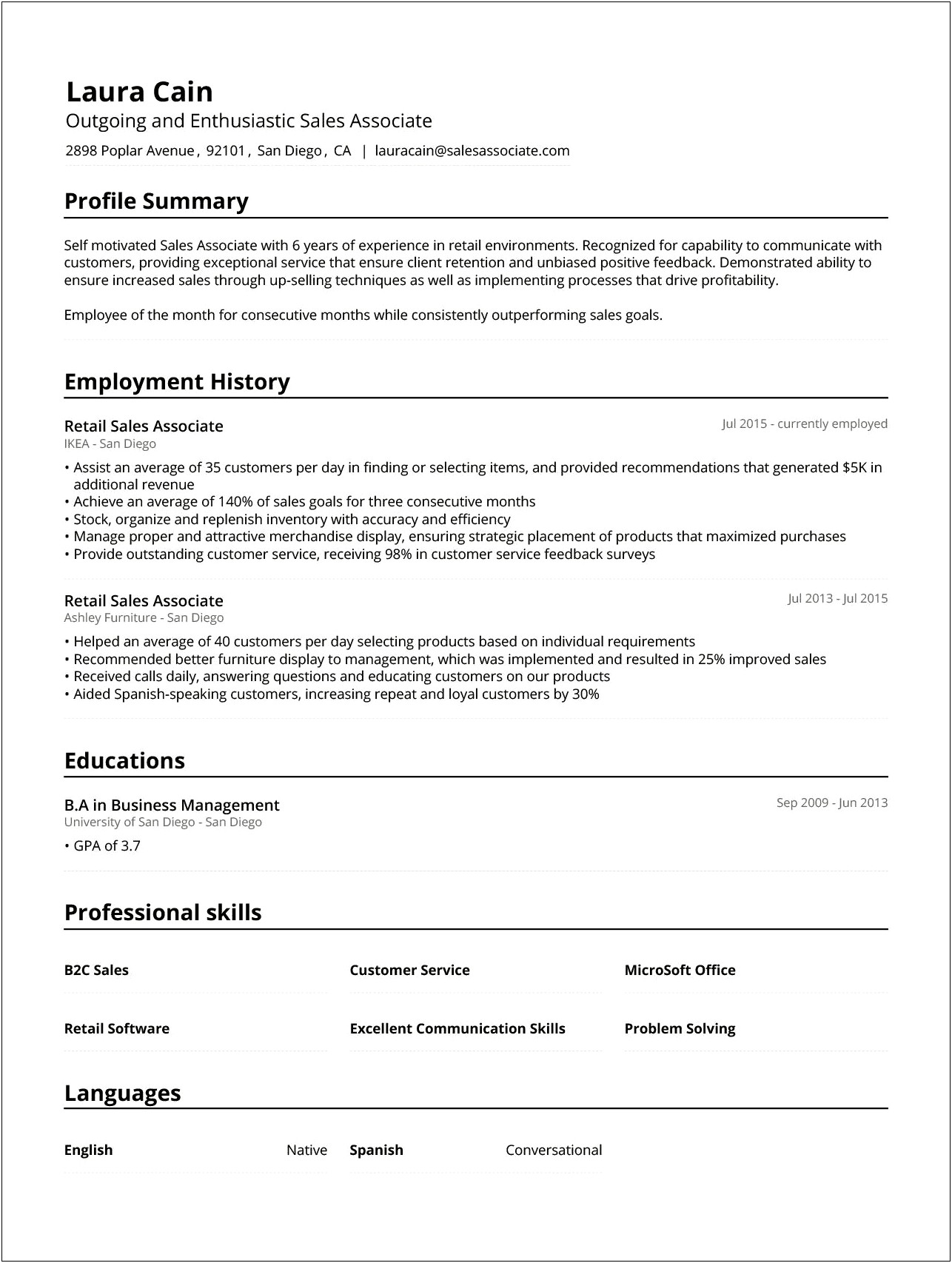 Sales Clerk Proffessional Resume Sample