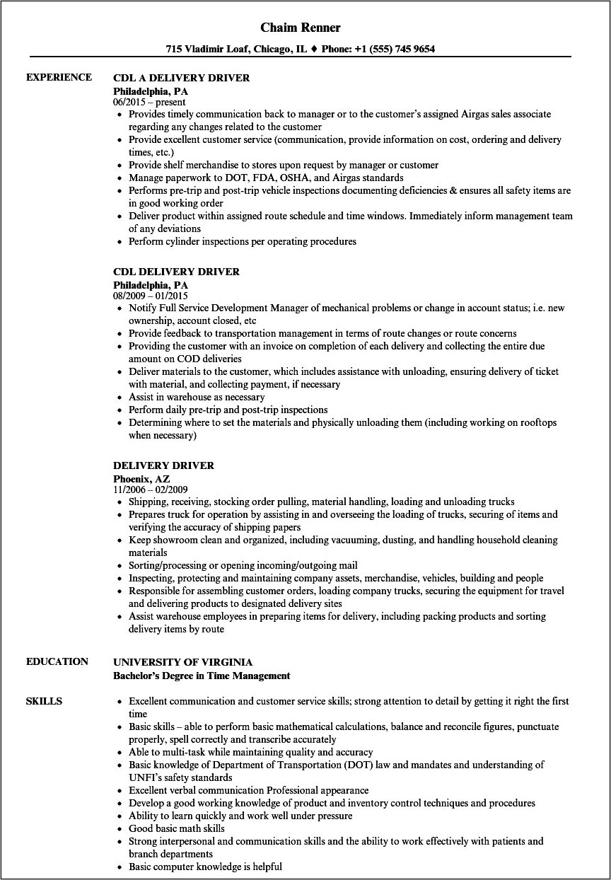 Sales Delivery Driver Resume Examples