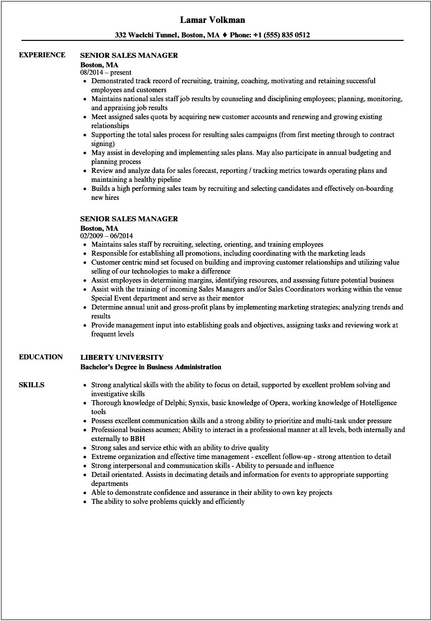 Sales Department Manager Job Description For Resume