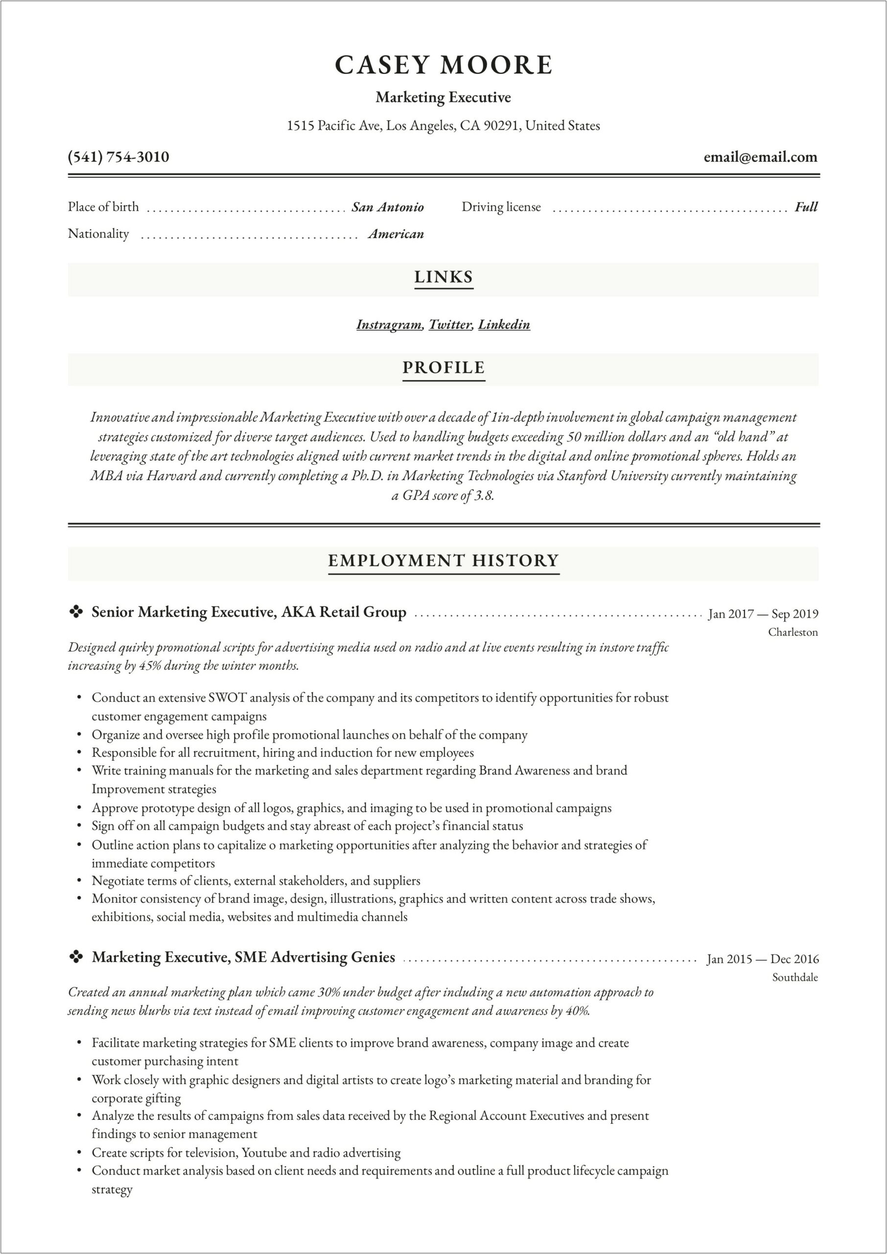 Sales Executive Resume Examples 2018