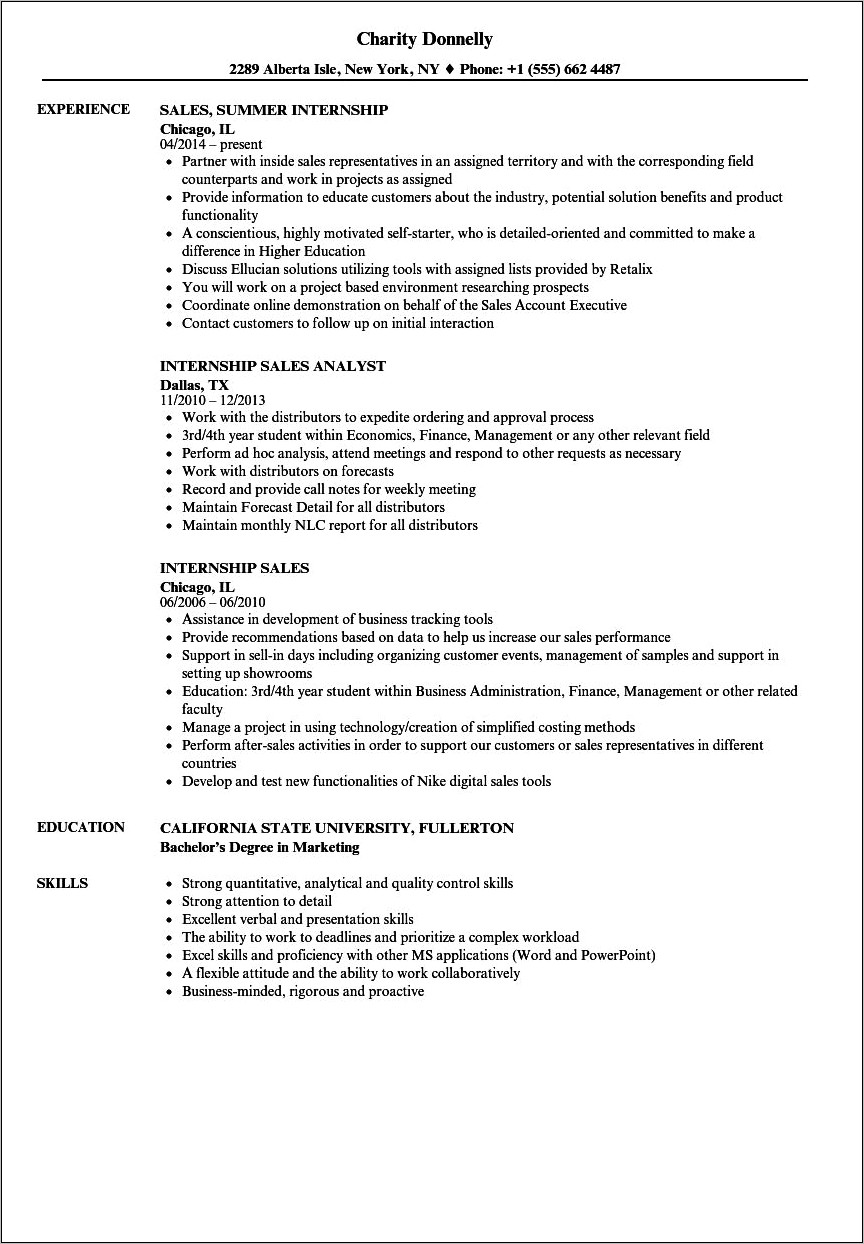 Sales Intern Job Description Resume