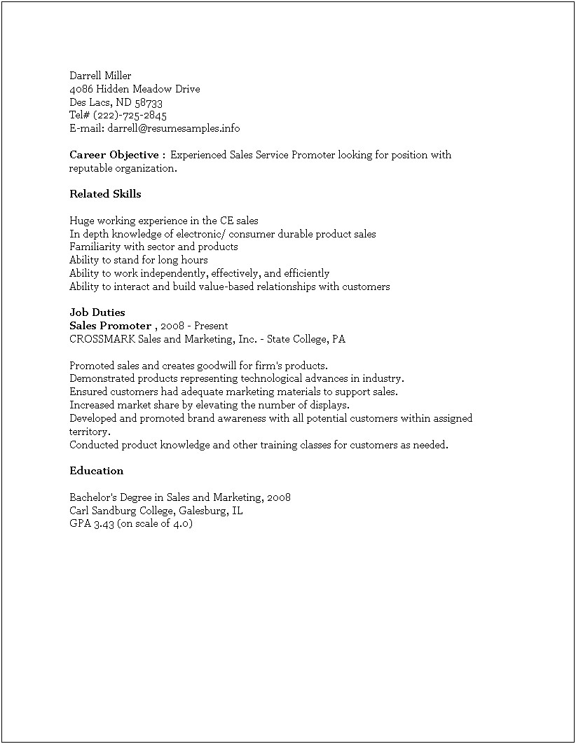 Sales Job In College For Resume