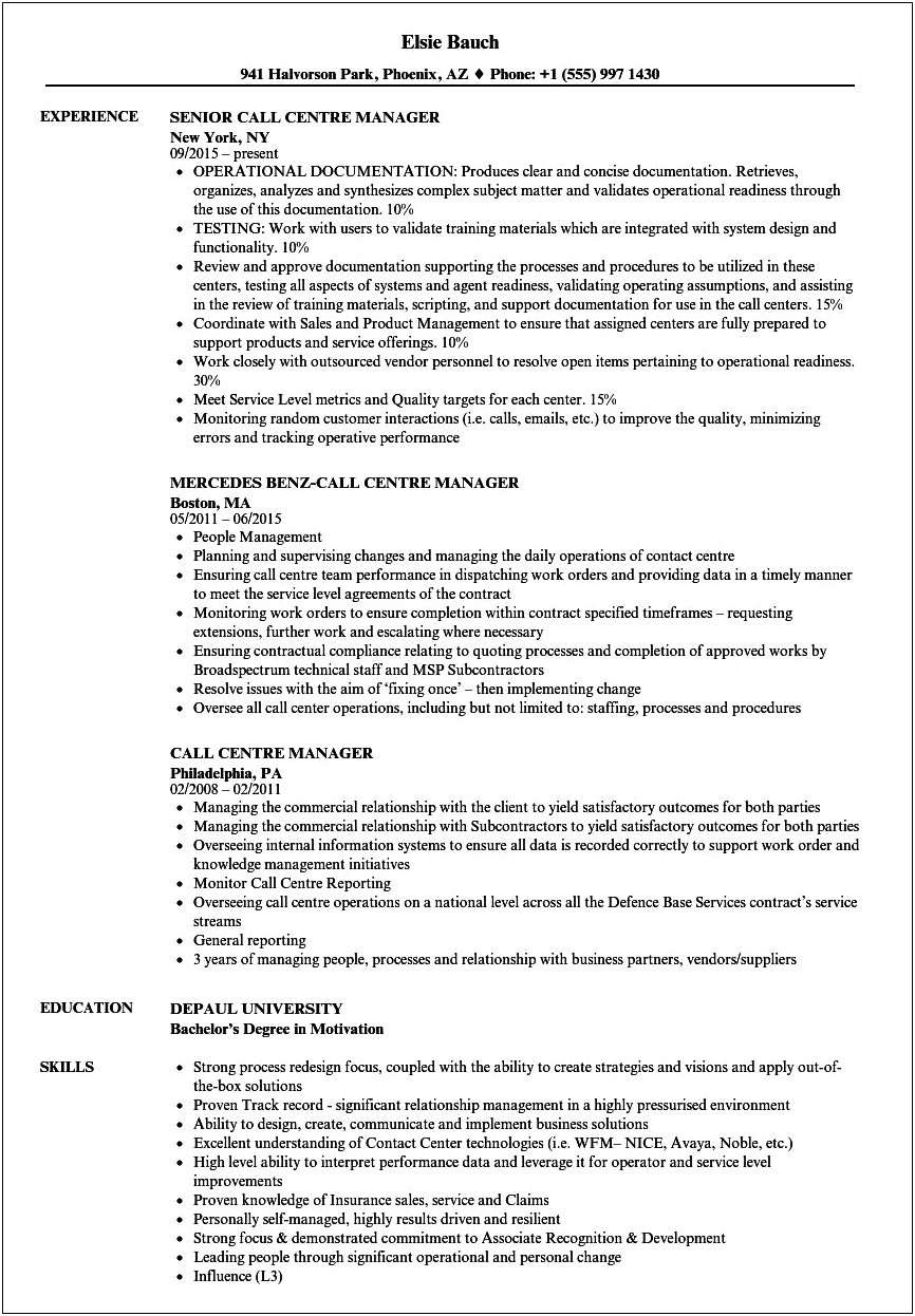 Sales Manager Call Center Resume