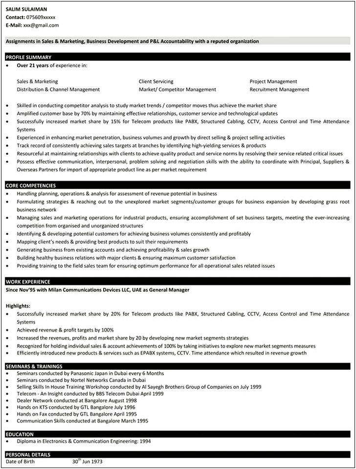 Sales Manager Resume Sample India