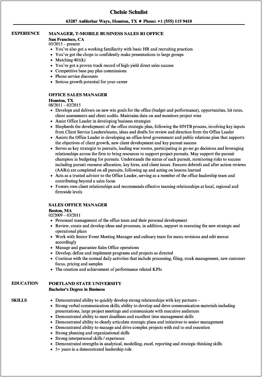 Sales Office Manager Summary For Resume