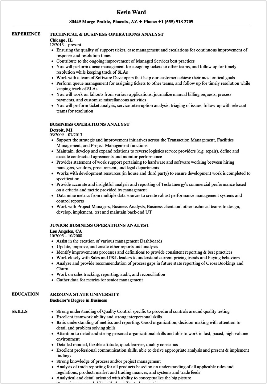 Sales Operations Analyst Resume Example