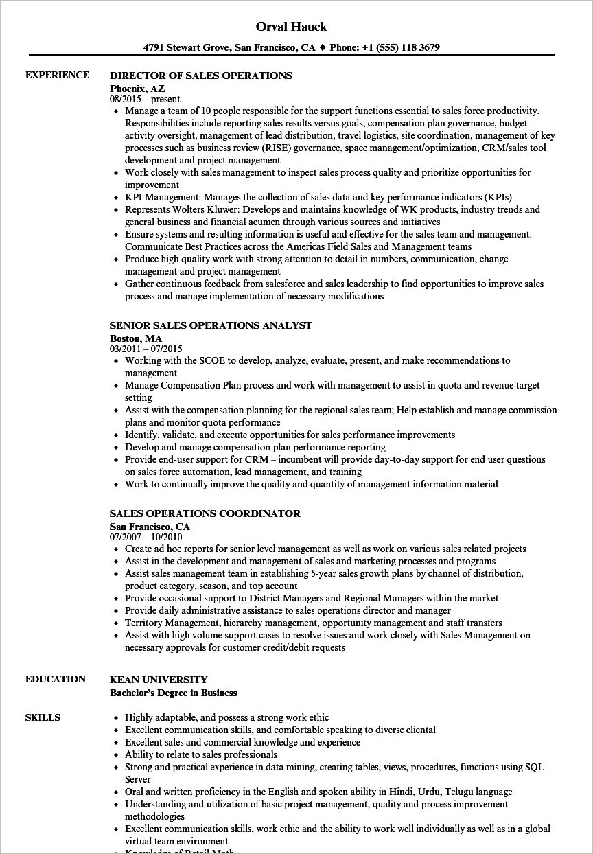 Sales Operations Manager Resume Examples
