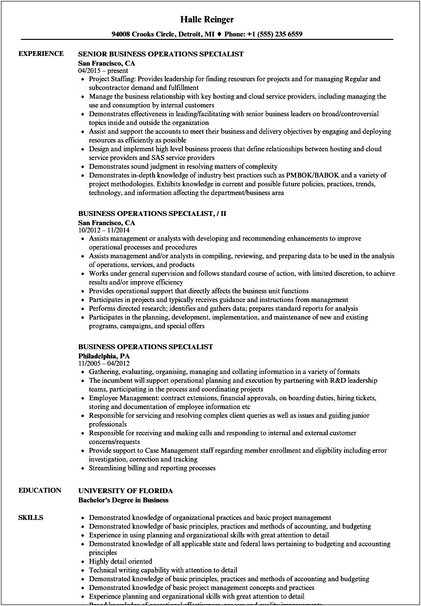 Sales Operations Specialist Resume Sample